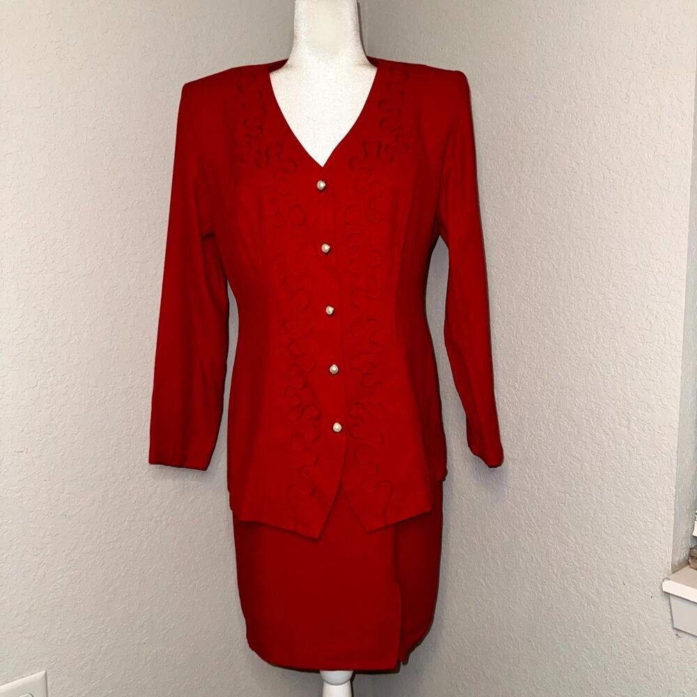 Vintage Dawn Joy Fashions Two Piece Skirt Suit Women's 9-10 Red Button Front